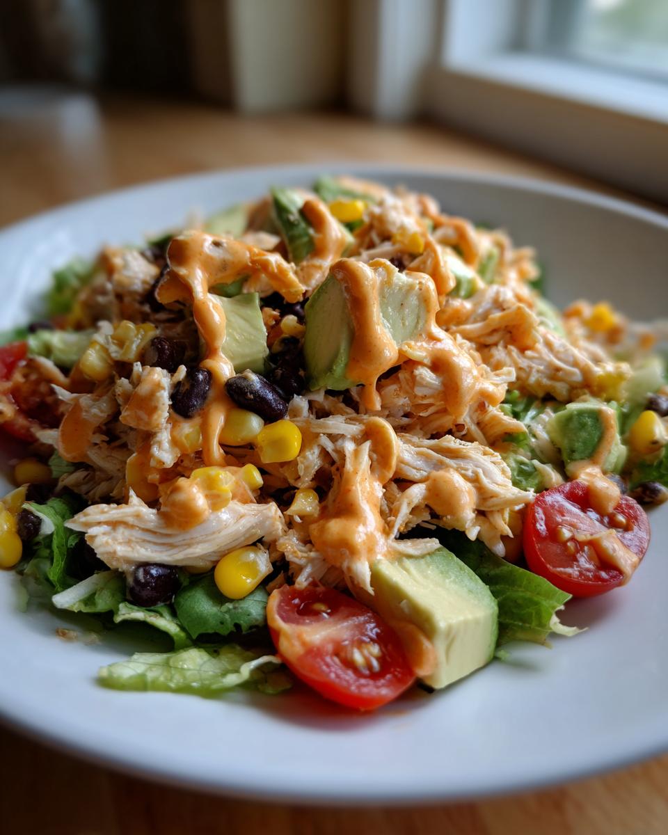Close-up of a vibrant southwest chicken salad featuring shredded chicken, black beans, corn, avocado chunks, and a creamy orange dressing.