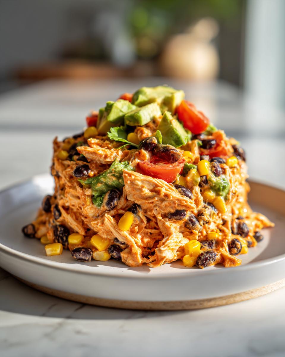 A mound of creamy southwest chicken salad mixed with black beans and corn, topped with diced avocado and tomatoes.