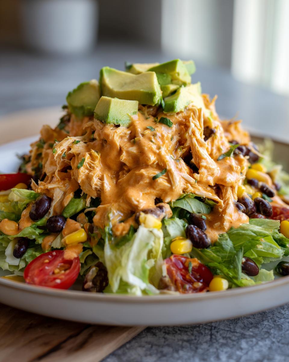 A large bowl of southwest chicken salad topped with creamy dressing, shredded chicken, and diced avocado.