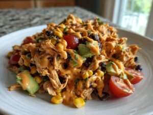 Close-up of a serving of southwest chicken salad featuring shredded chicken, black beans, corn, avocado, and cherry tomatoes drizzled with creamy orange dressing.