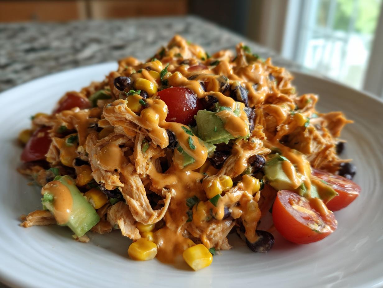 Close-up of a serving of southwest chicken salad featuring shredded chicken, black beans, corn, avocado, and cherry tomatoes drizzled with creamy orange dressing.