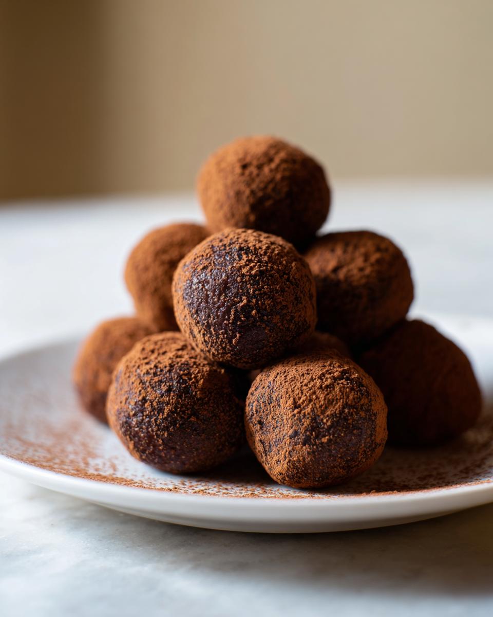 A stack of dark chocolate bourbon balls generously coated in cocoa powder, resting on a white plate.