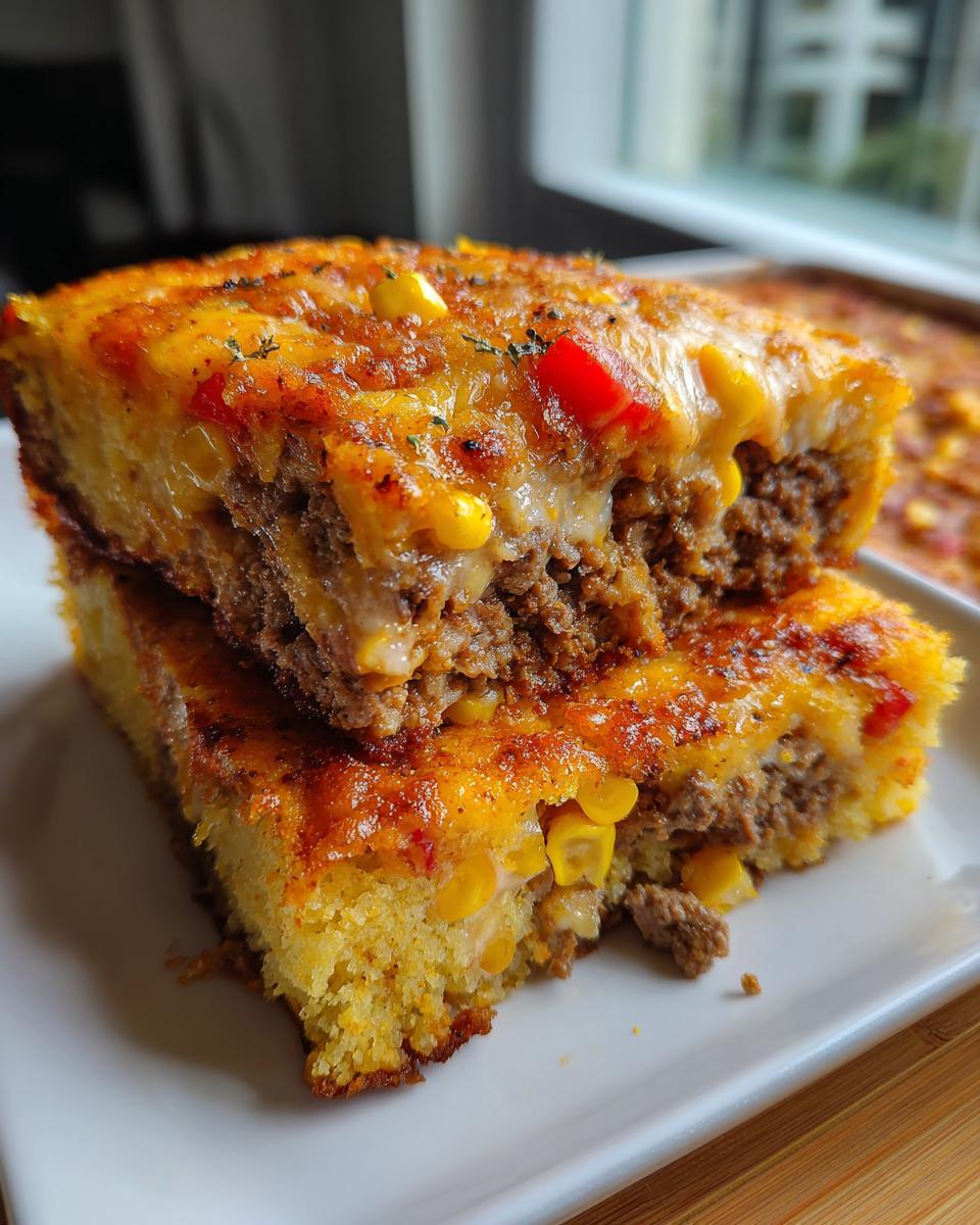 Two stacked slices of rich mexican cornbread casserole featuring a ground meat filling, corn, and melted cheese topping.