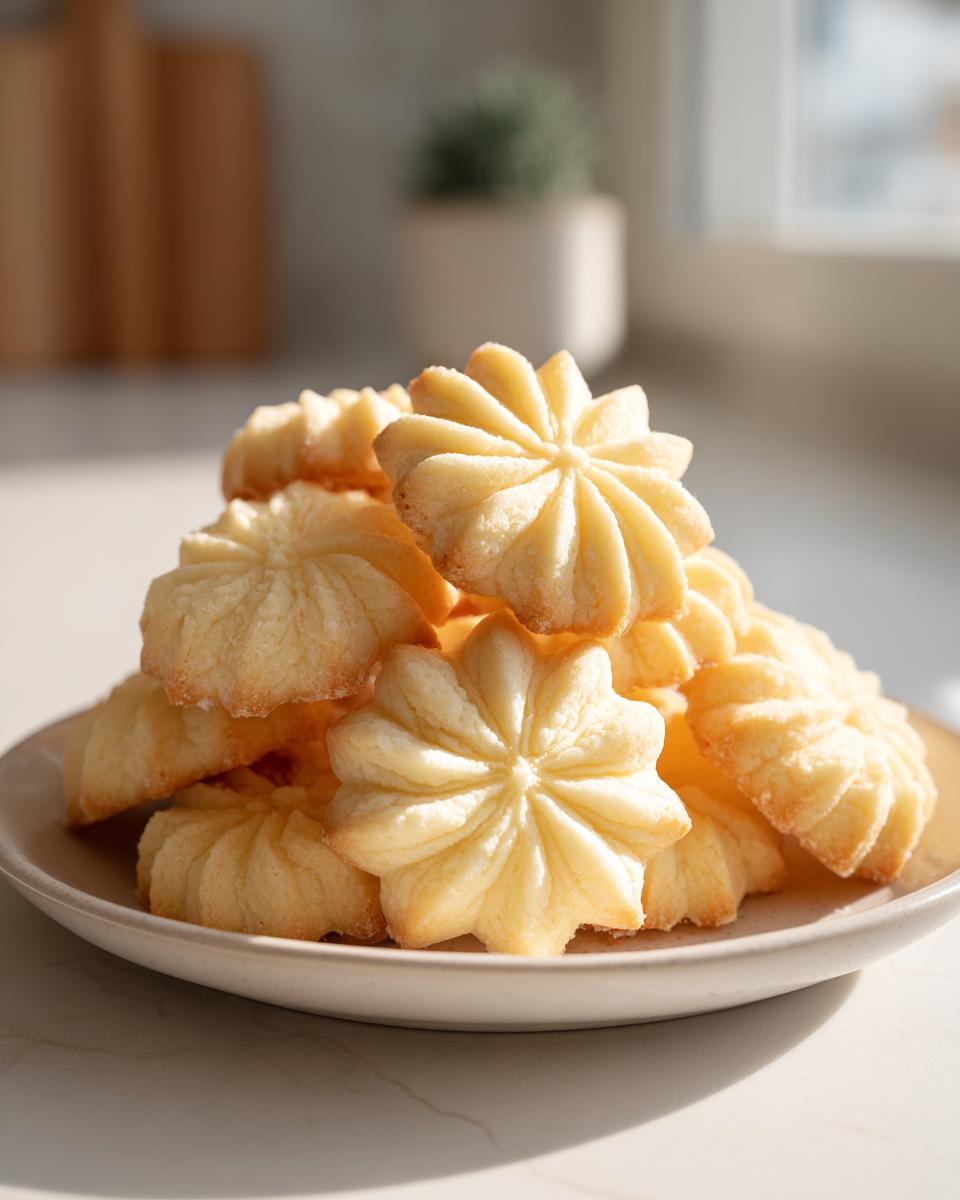 A close-up stack of light golden, star-shaped butter cookie treats piled high on a small ceramic plate.
