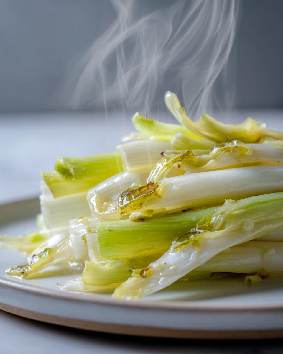 Close-up of freshly cooked, steaming braised leeks served on a light-colored plate.