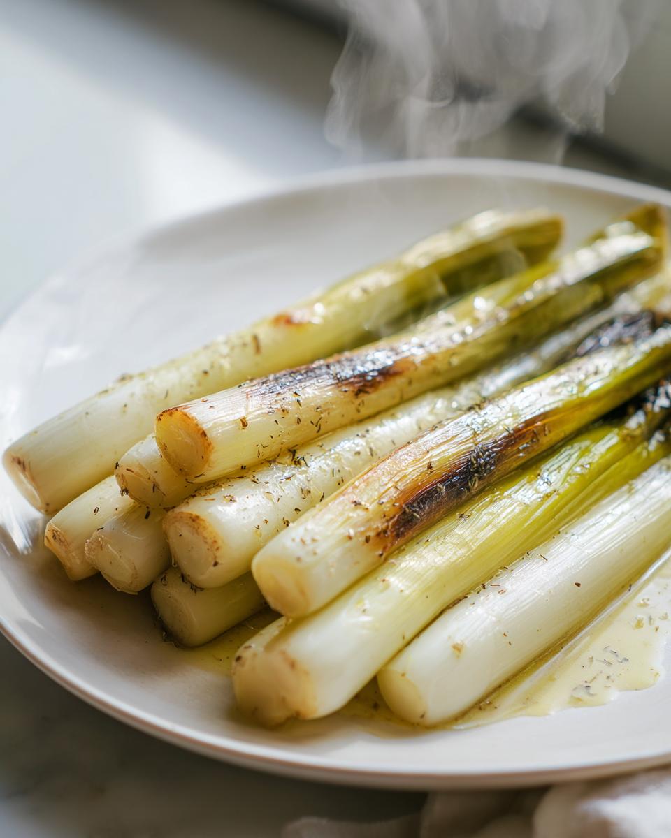 Close-up of perfectly cooked, steaming braised leeks seasoned with herbs, served on a white plate.