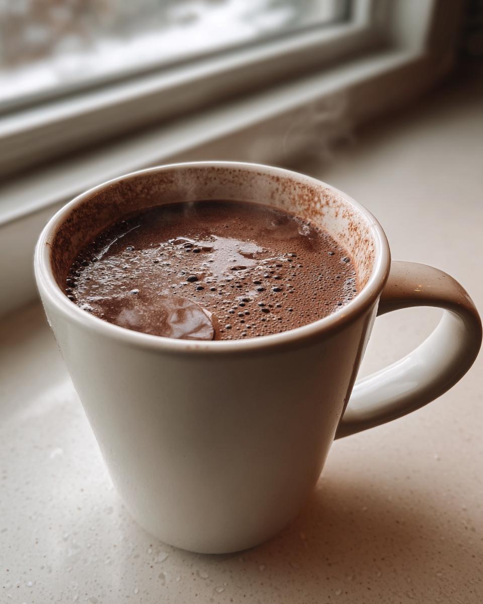 Close-up of a steaming white mug filled with rich homemade hot cocoa, set near a window.