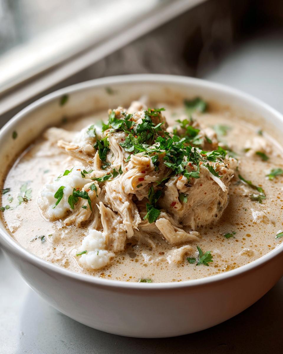 Close-up of a steaming bowl of rich, creamy keto white chicken chili topped with shredded chicken and fresh parsley.