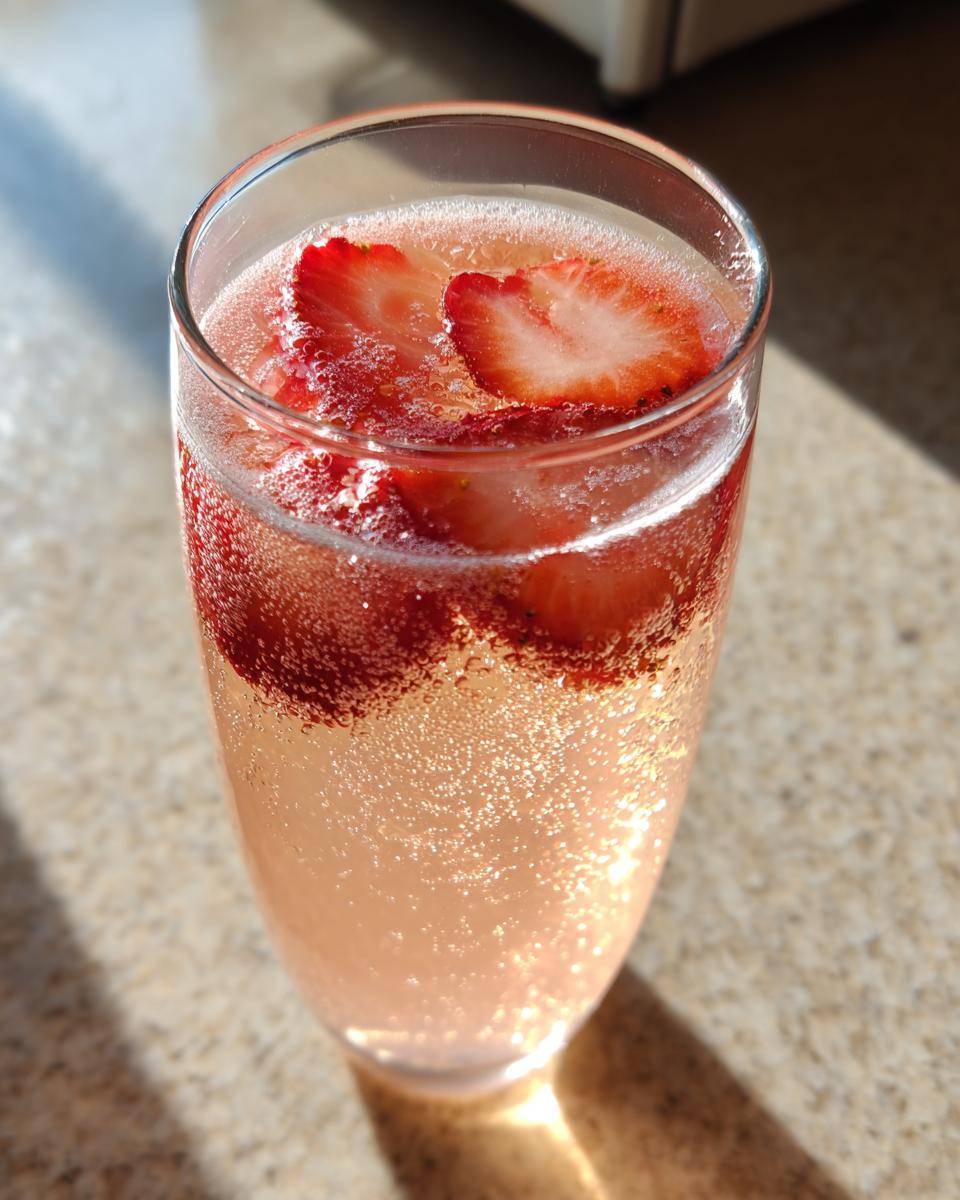 A tall glass filled with bubbly, pink champagne punch garnished with fresh strawberry slices.