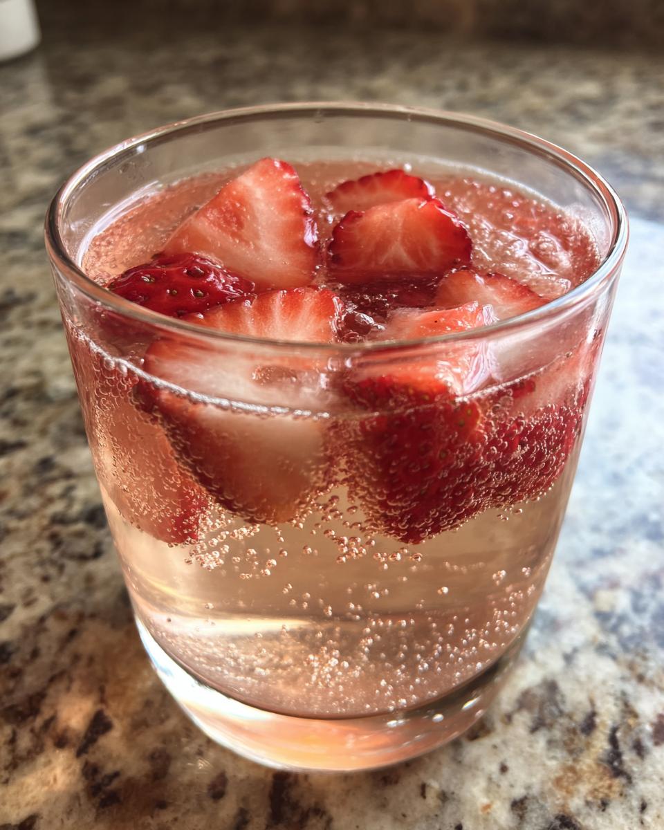Close-up of a glass filled with bubbly pink champagne punch garnished with fresh strawberry slices.