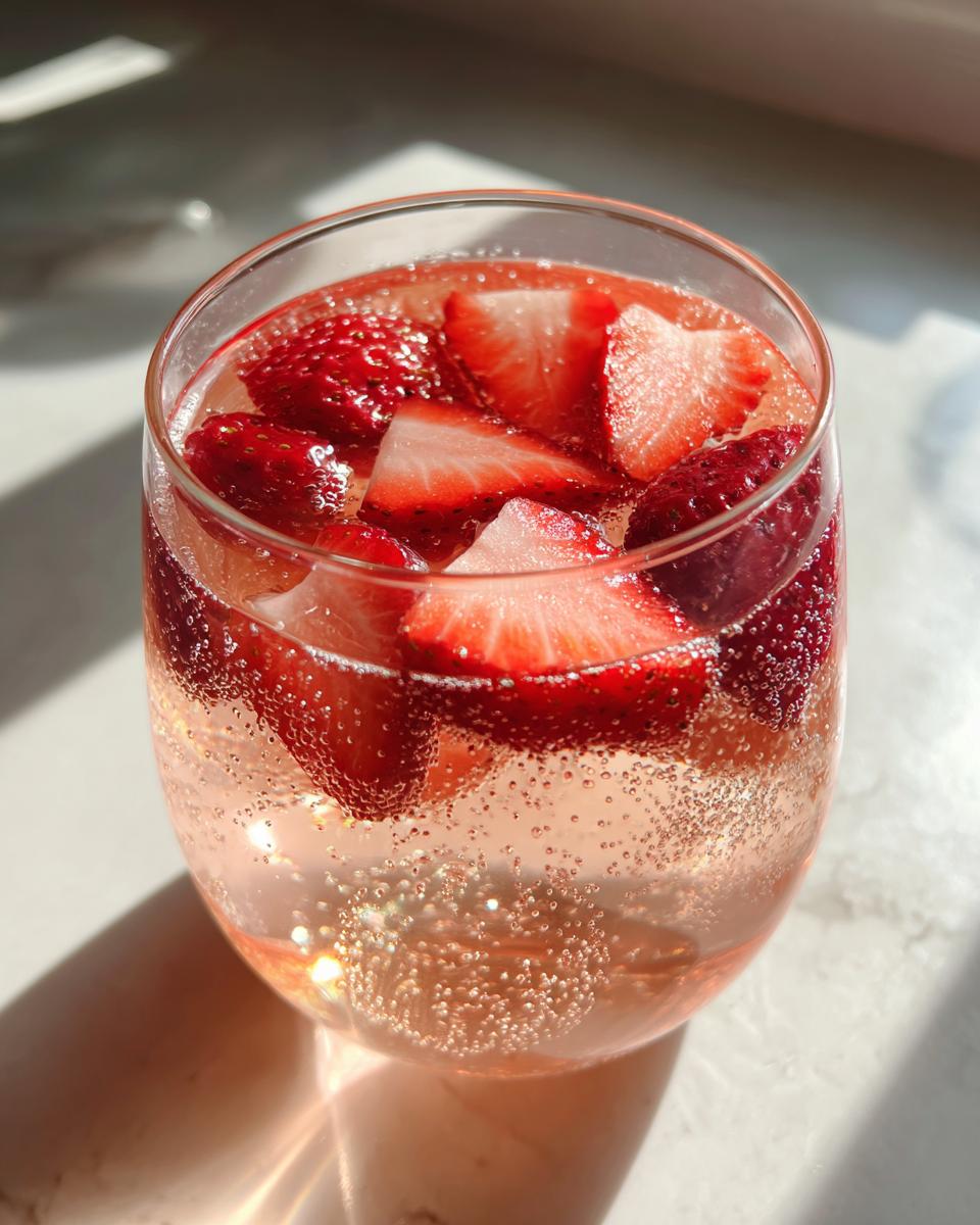 Close-up of a glass filled with sparkling pink champagne punch and fresh strawberry slices.