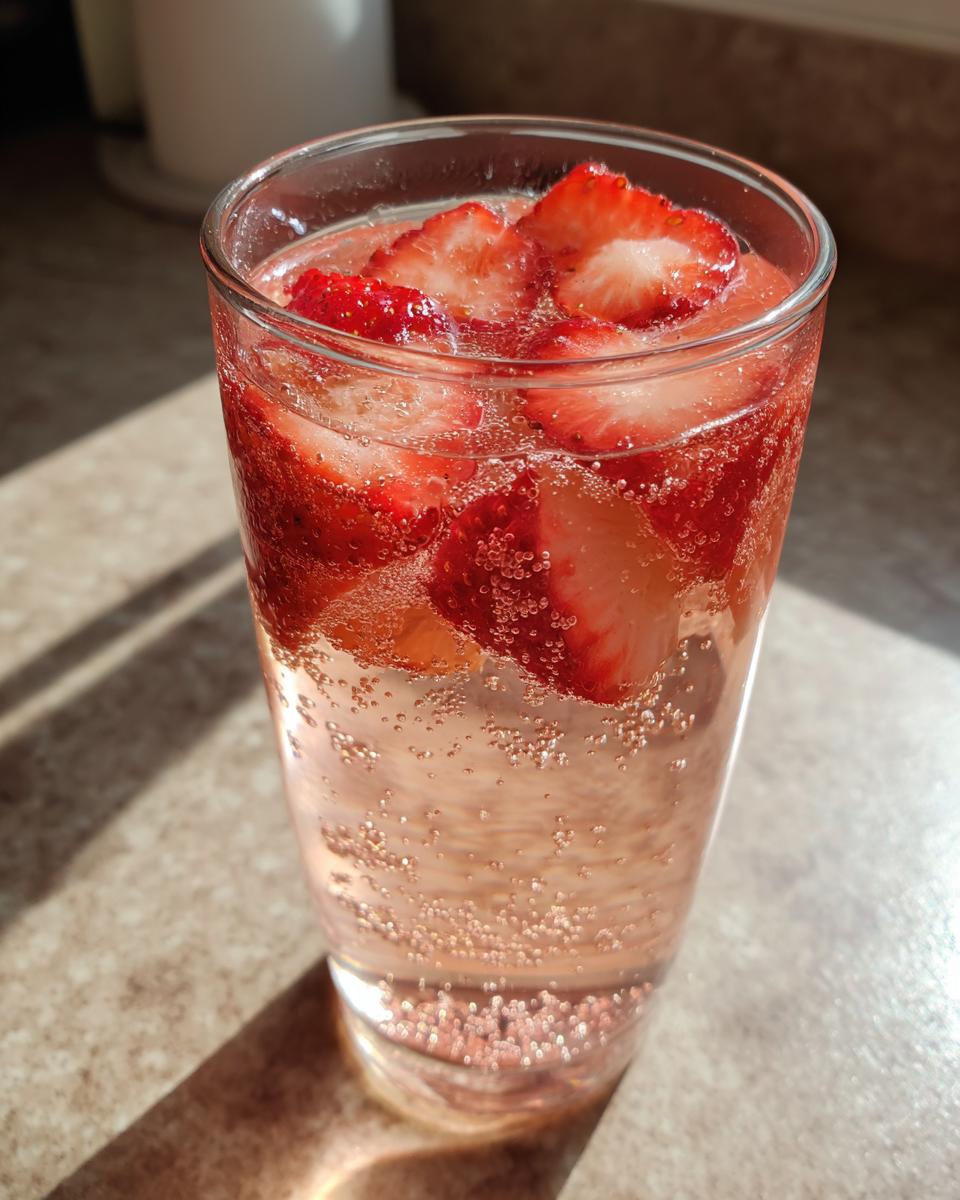 Close-up of a glass filled with bubbly pink champagne punch topped with fresh strawberry slices.