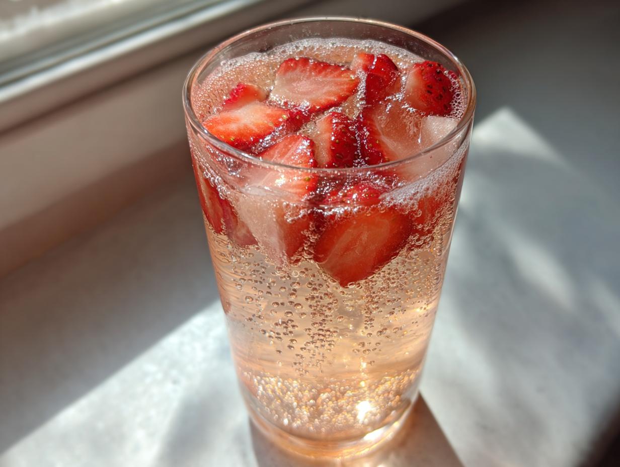 Close-up of a tall glass filled with bubbly champagne punch and fresh strawberry slices.