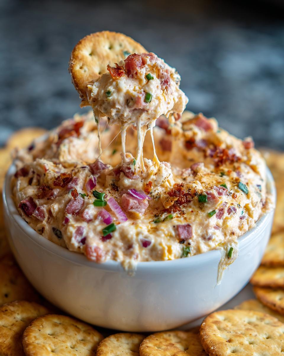 A cracker loaded with creamy, cheesy hoagie dip, showing long cheese pulls, surrounded by more crackers.