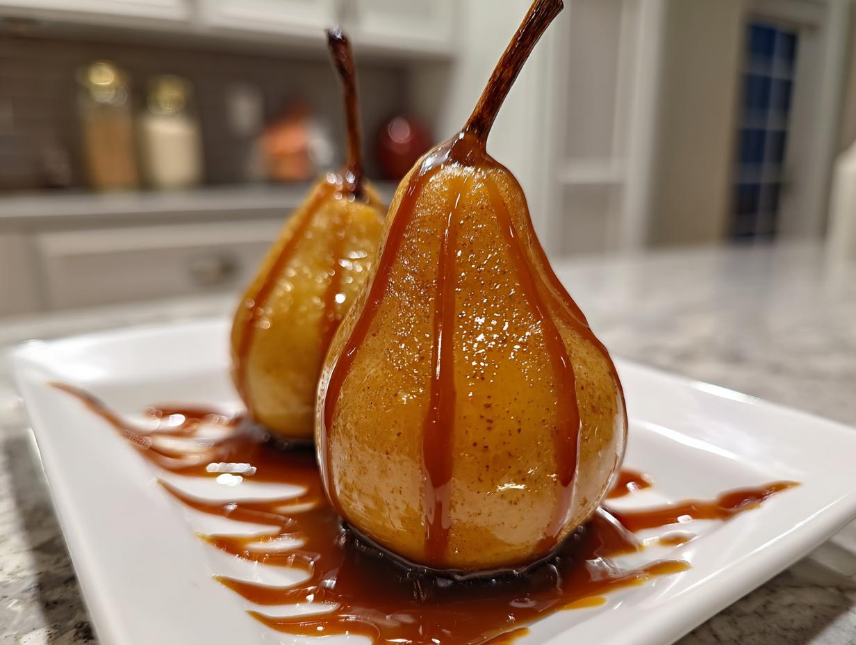 Two glistening poached pears drizzled heavily with rich caramel sauce, served on a white rectangular plate.
