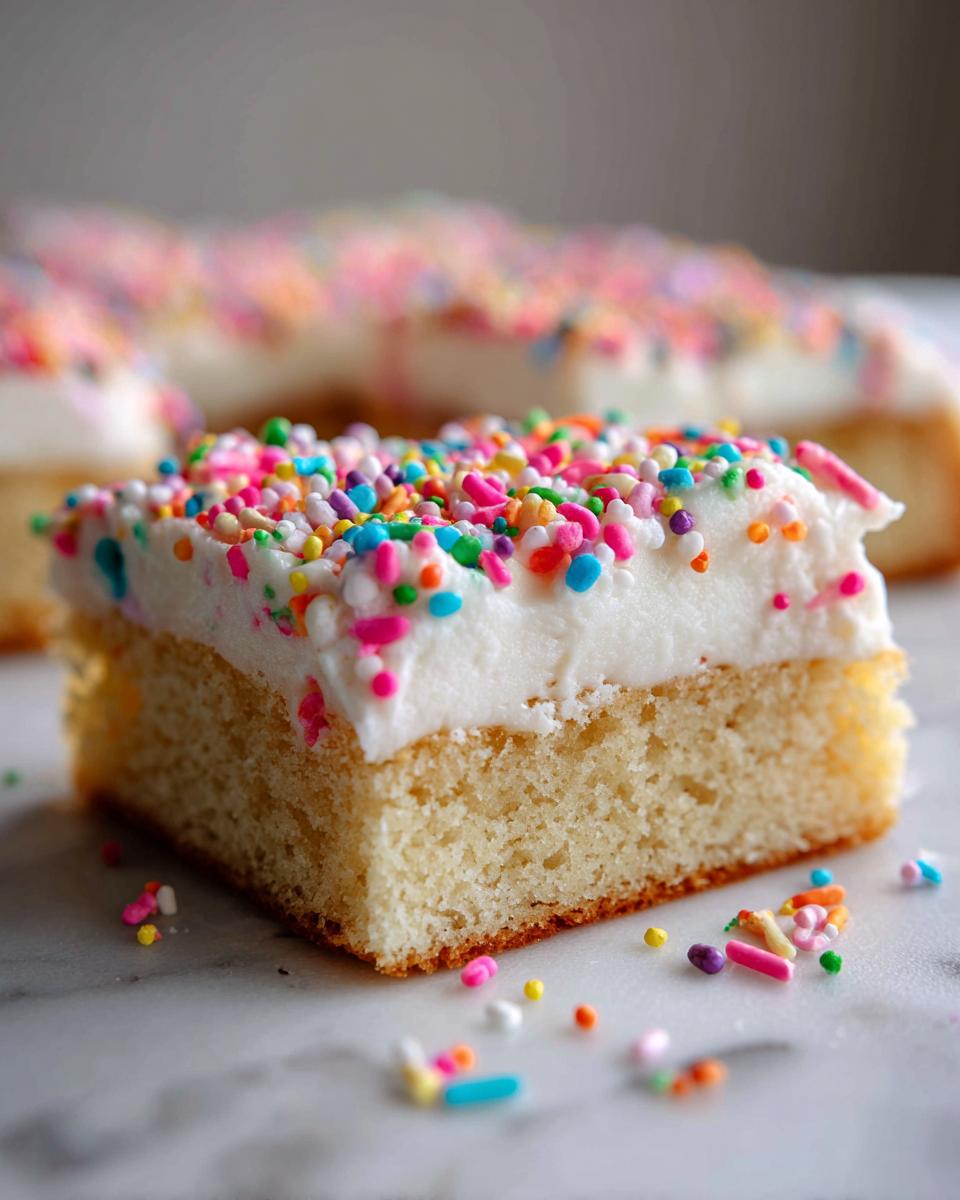 A thick slice of soft sugar cookie bars topped with white frosting and colorful rainbow sprinkles.