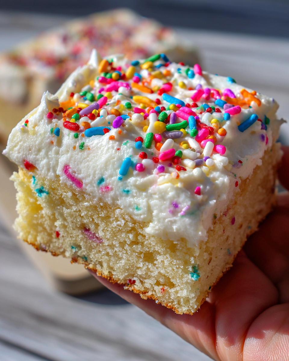 A hand holding a thick, square piece of sugar cookie bars topped with white frosting and colorful rainbow sprinkles.