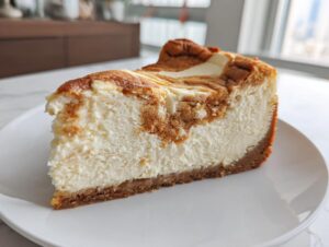 A thick slice of creamy sugar cookie cheesecake with a marbled top and graham cracker crust on a white plate.