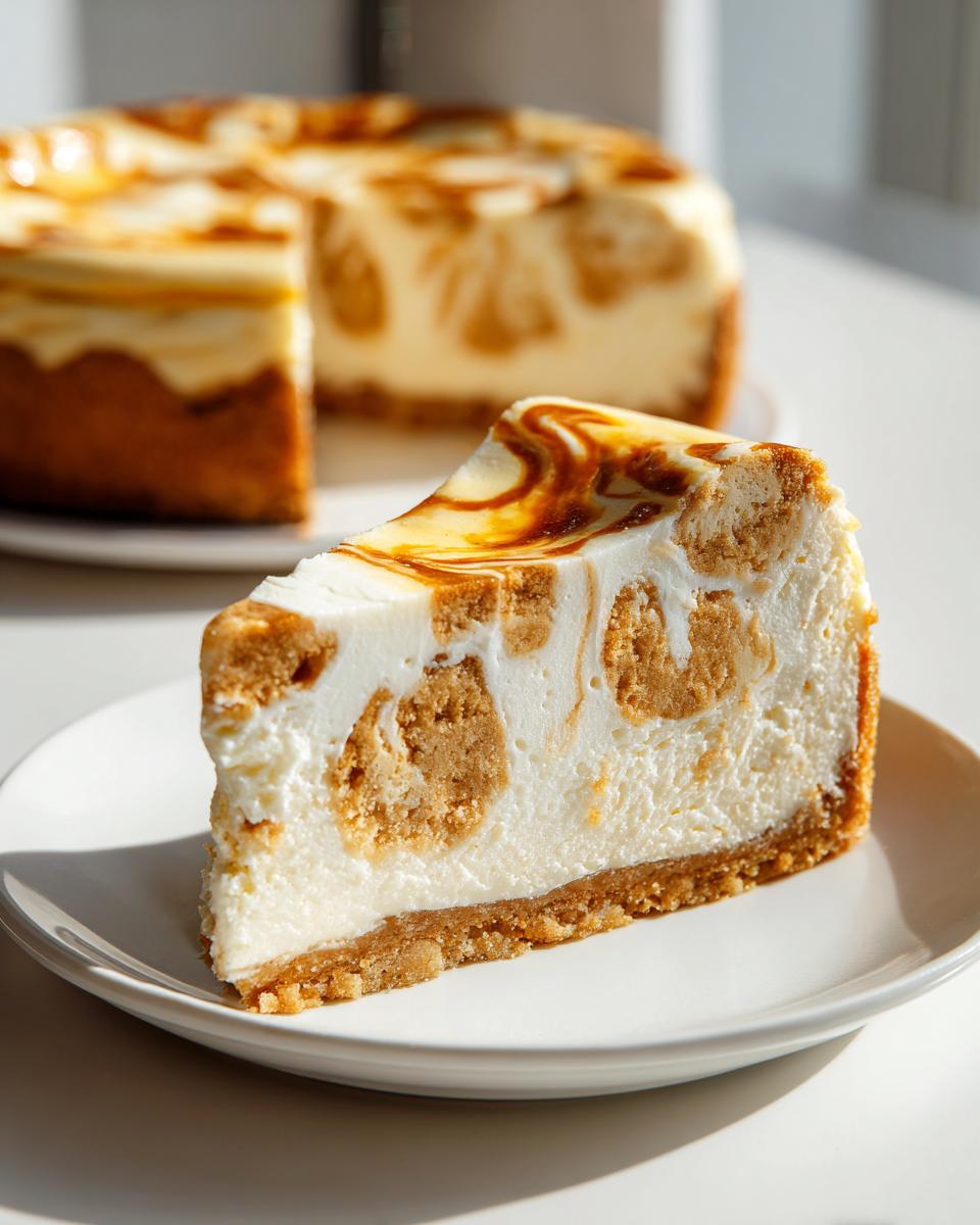 A close-up slice of amazing sugar cookie cheesecake featuring chunks of cookie dough baked into the creamy filling and a caramel swirl on top.