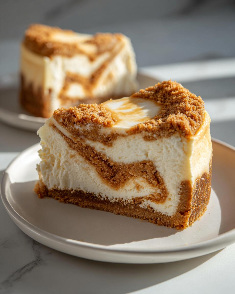 A close-up slice of sugar cookie cheesecake featuring a swirled brown sugar cookie base and topping.