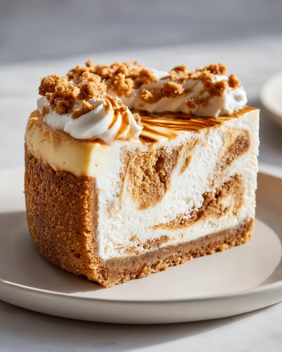 Close-up of a slice of sugar cookie cheesecake showing a graham cracker crust, creamy white filling swirled with brown sugar cookie dough, topped with whipped cream.