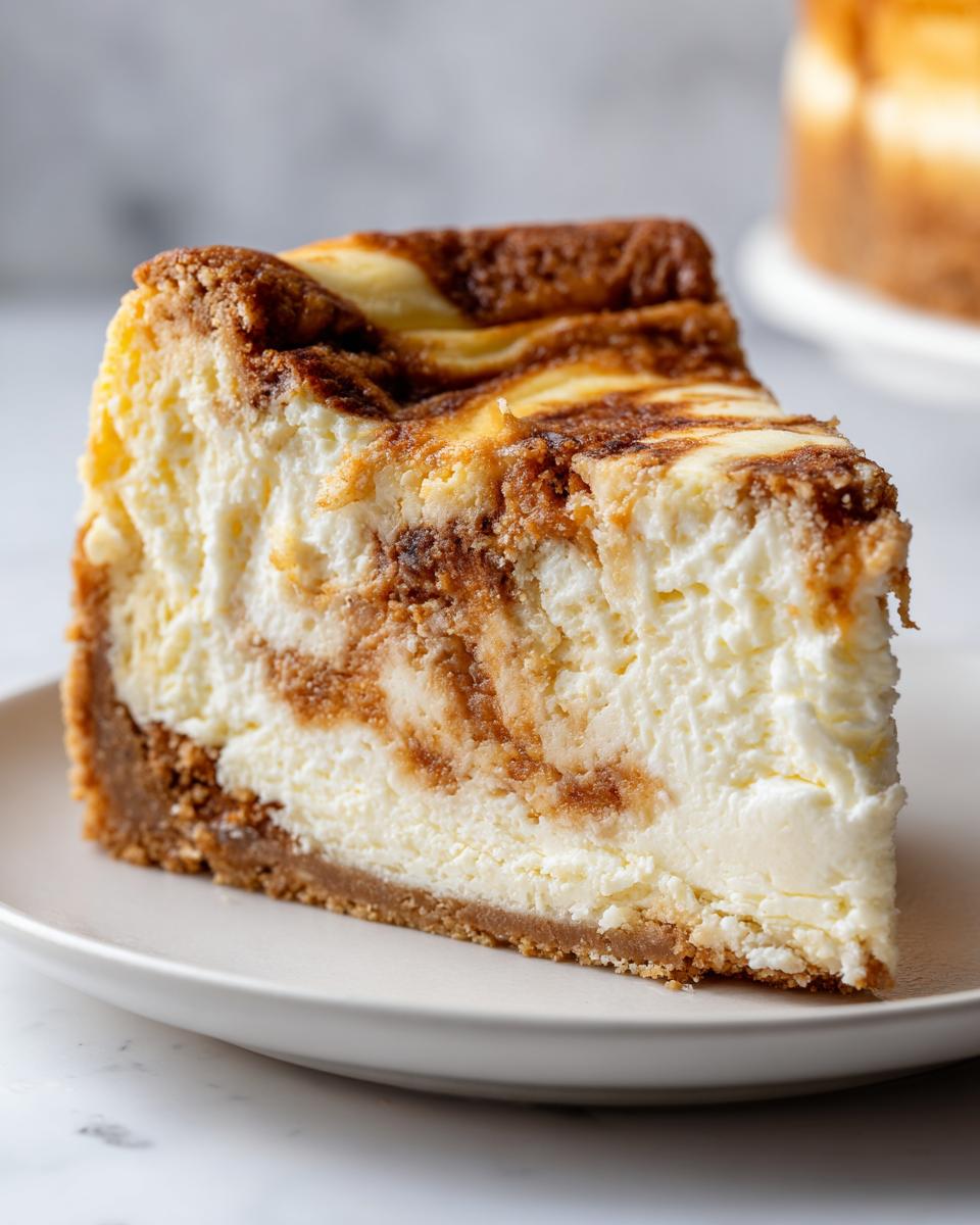 Close-up of a rich slice of sugar cookie cheesecake with a thick graham cracker crust and brown sugar swirl.