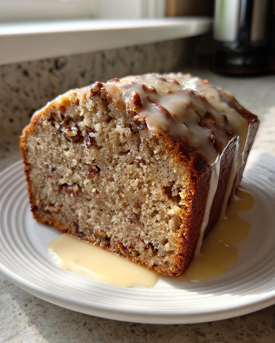 A thick slice of sweet alabama pecan bread topped with a creamy glaze, served on a white plate.