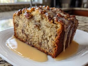A thick slice of sweet alabama pecan bread topped with nuts and drizzled with a thick caramel-like glaze.