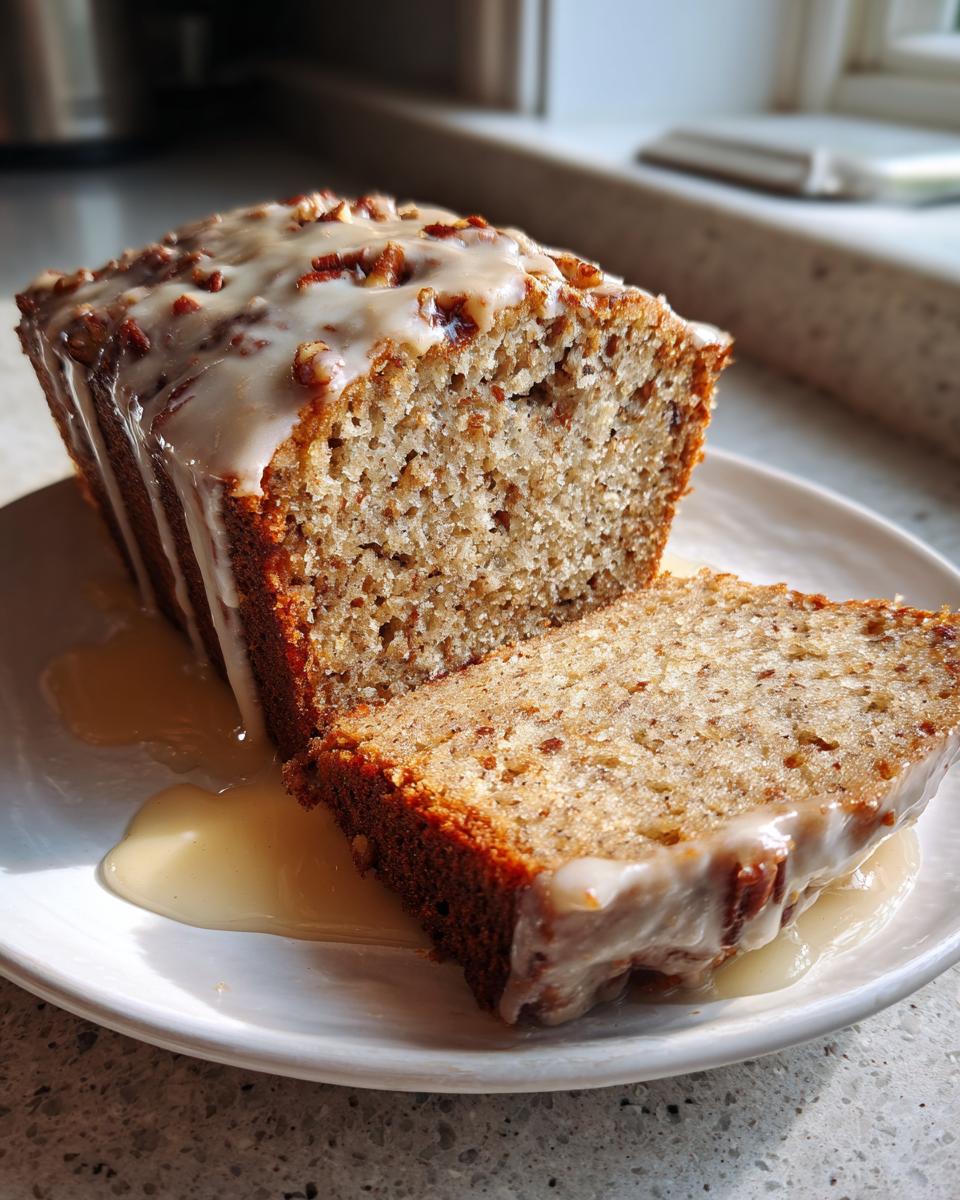 A moist slice of sweet Alabama pecan bread, drizzled with a thick vanilla glaze and topped with pecans.