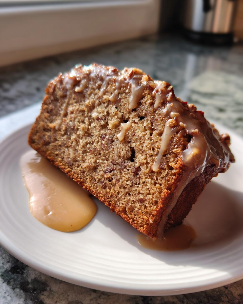 Close-up of a moist slice of sweet alabama pecan bread topped with a pecan glaze, served on a white plate.