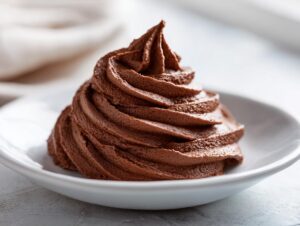 A perfect swirl of rich, dark chocolate frosting piped onto a small white dish.
