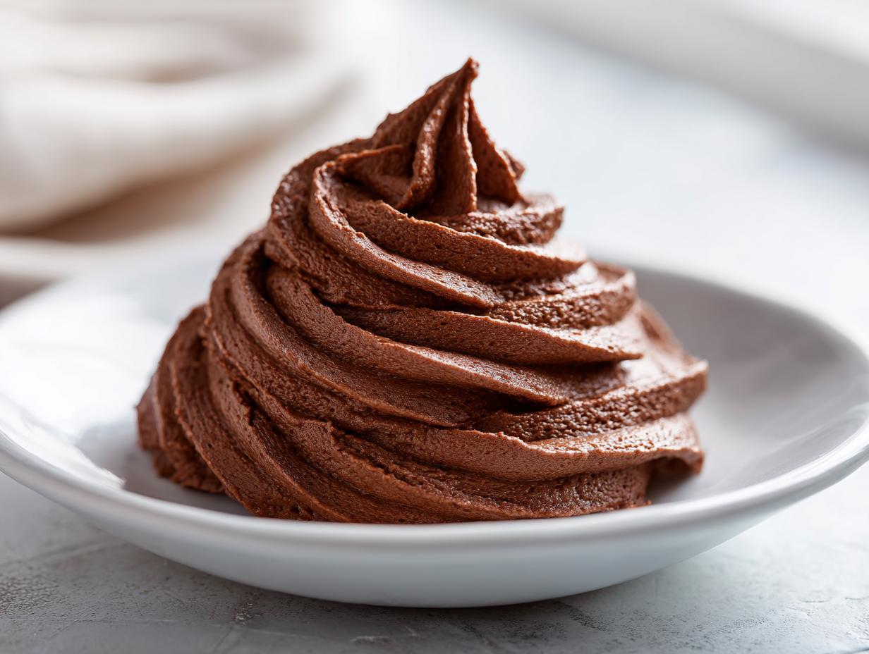 A perfect swirl of rich, dark chocolate frosting piped onto a small white dish.