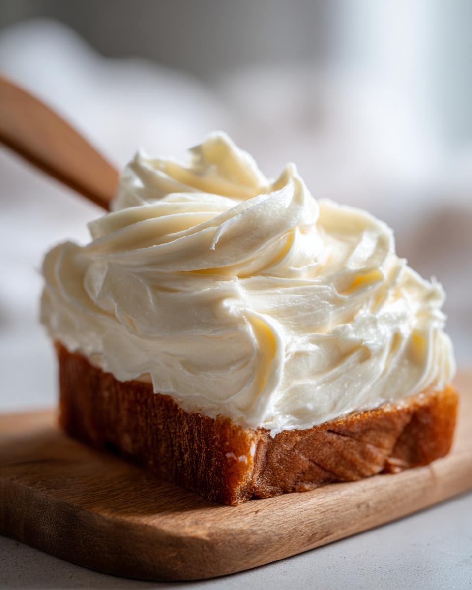 A thick, beautifully piped swirl of tangy cream cheese frosting topping a slice of golden cake on a wooden board.