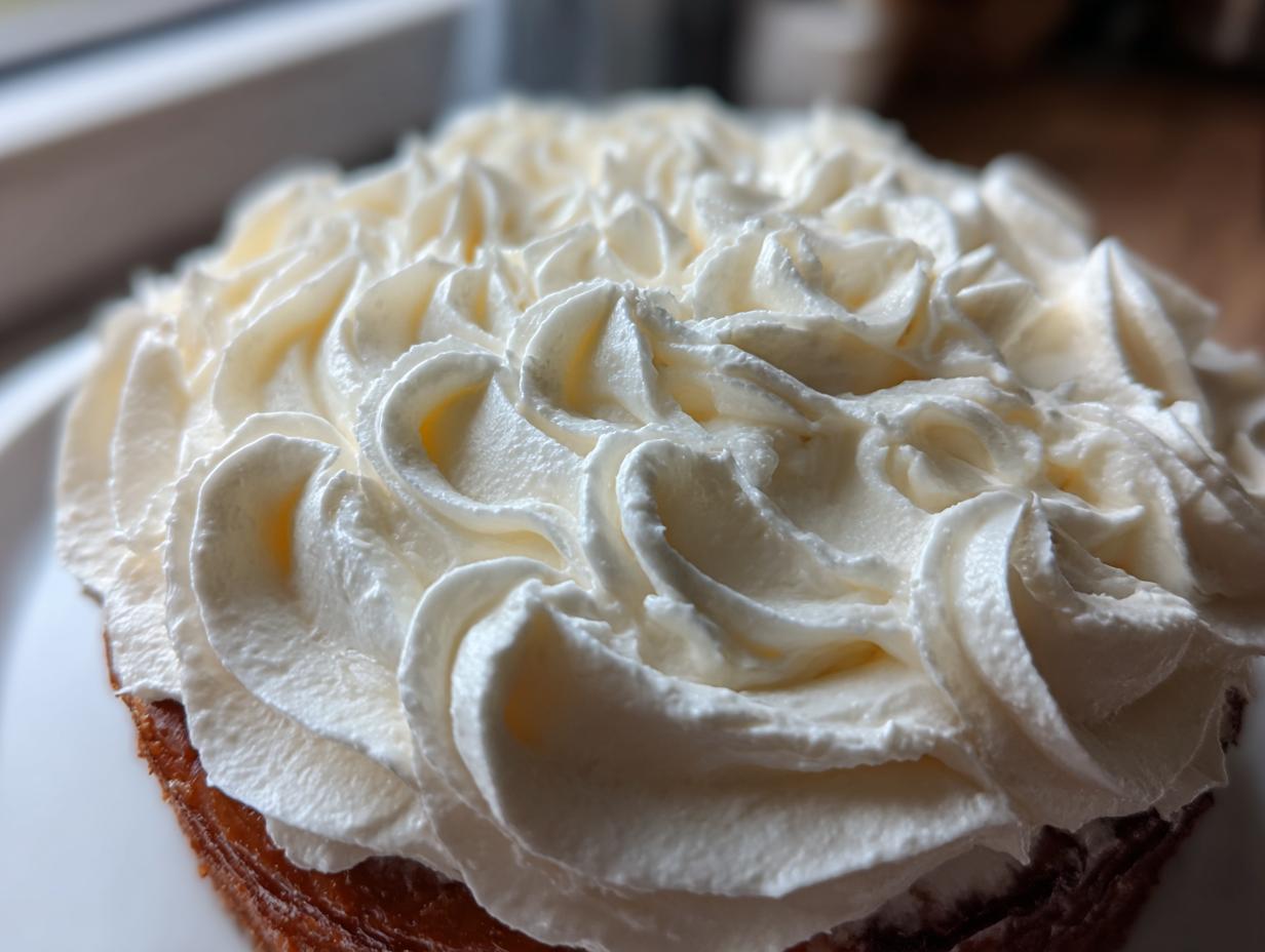 Close-up of rich, swirled cream cheese frosting piped decoratively on top of a baked good.