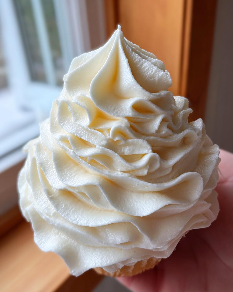 Close-up of a perfectly piped swirl of white, tangy cream cheese frosting topping a cupcake.