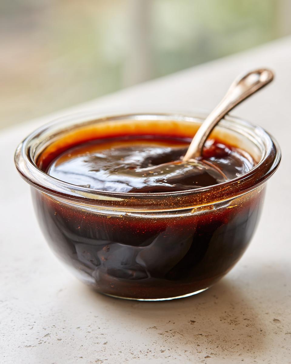 A small glass bowl filled with thick, glossy, dark brown homemade teriyaki sauce, with a small spoon resting inside.