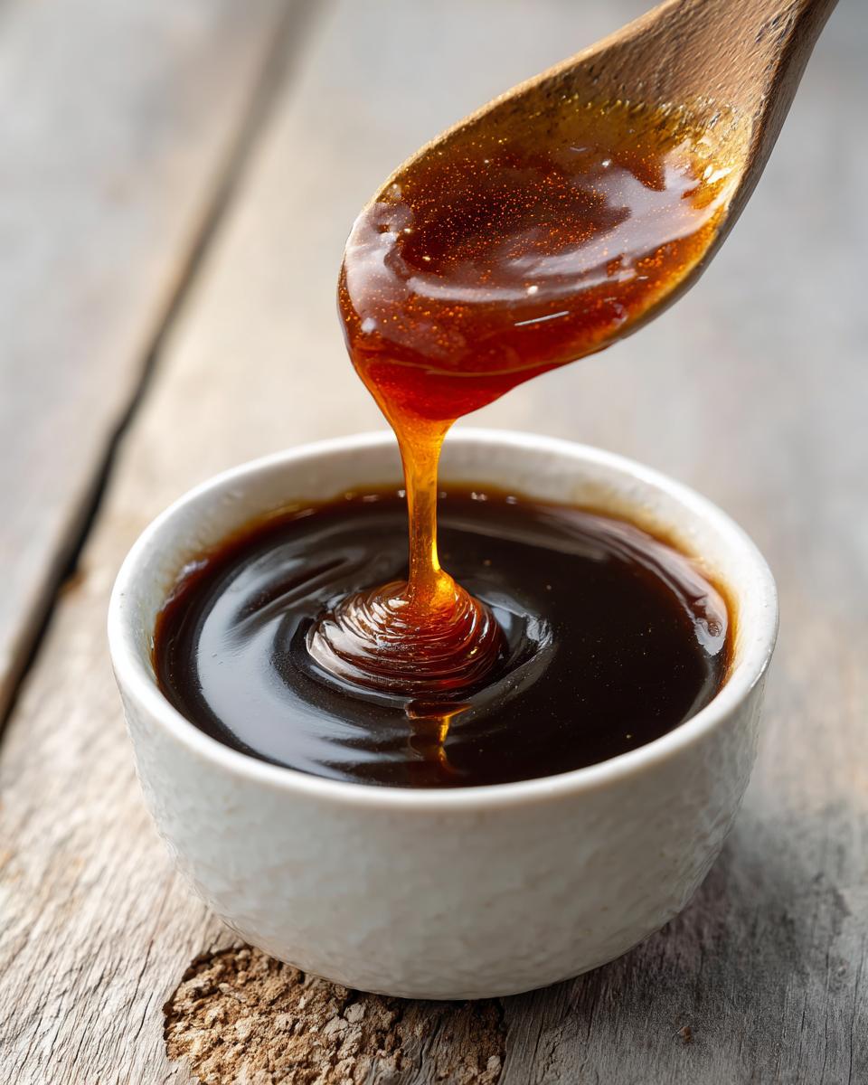 Thick, glossy homemade teriyaki sauce dripping from a wooden spoon back into a white bowl.