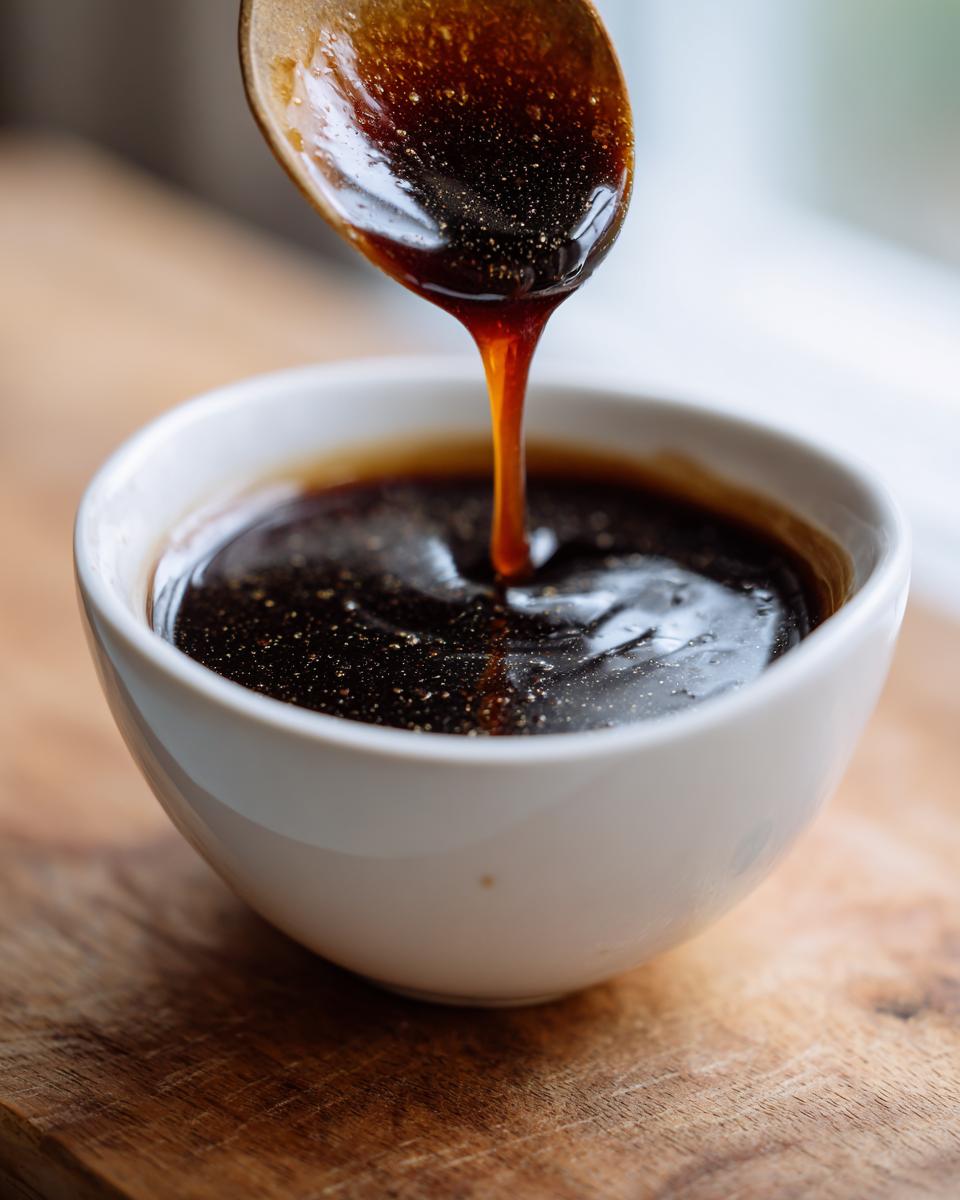 Close-up of thick, glossy homemade teriyaki sauce dripping from a wooden spoon into a white bowl.