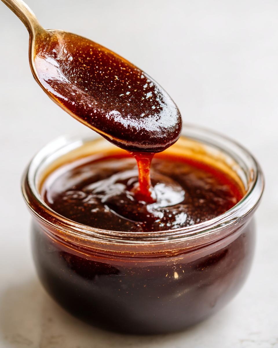 Close-up of thick, glossy teriyaki sauce being drizzled from a golden spoon back into a small glass jar.