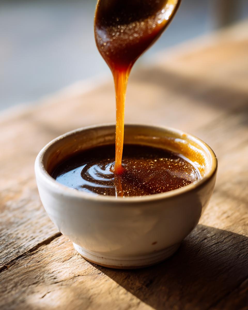 A thick stream of homemade teriyaki sauce is pouring from a spoon into a small white bowl.