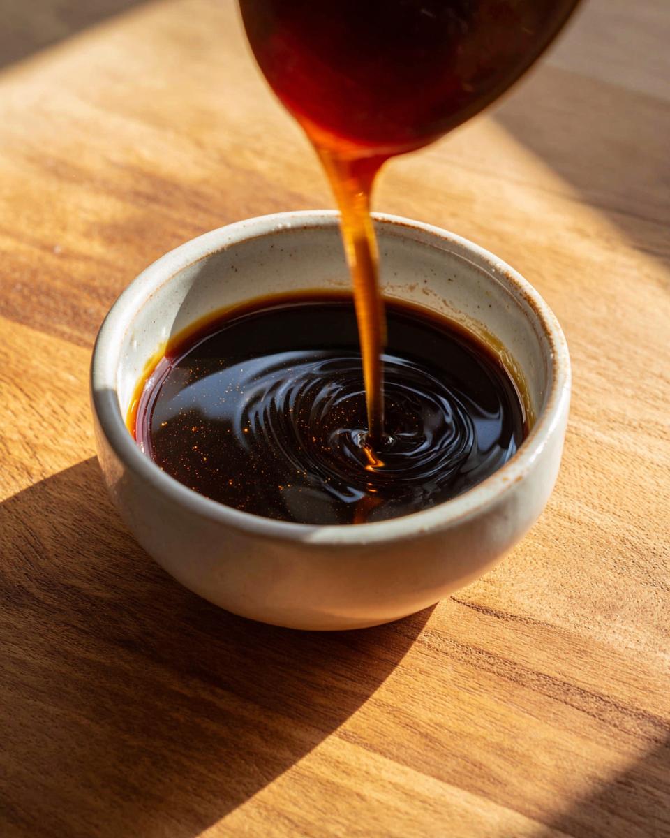 A stream of thick, dark homemade teriyaki sauce is poured from above into a small ceramic bowl on a wooden surface.