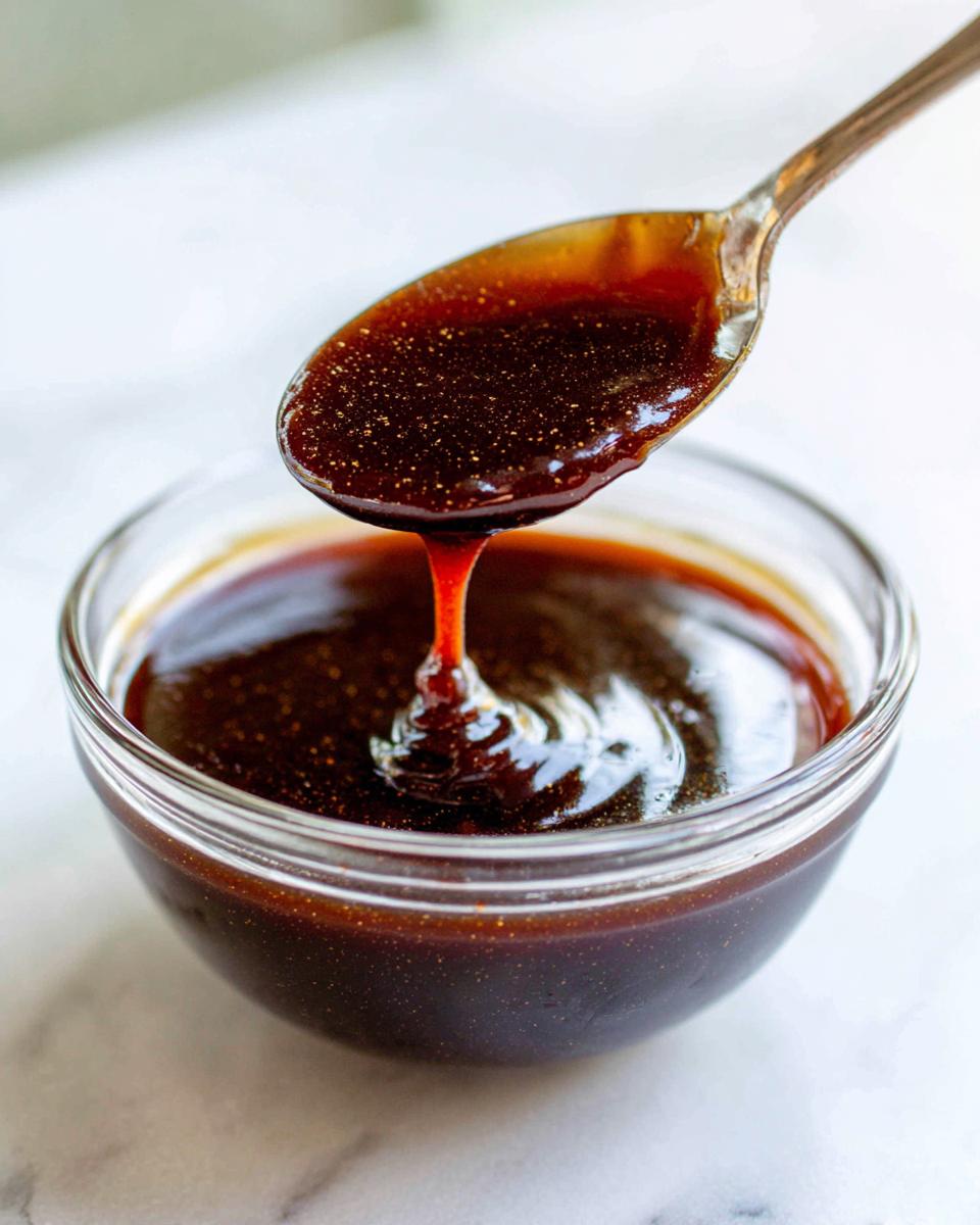 A spoonful of thick, glossy teriyaki sauce dripping back into a clear glass bowl.
