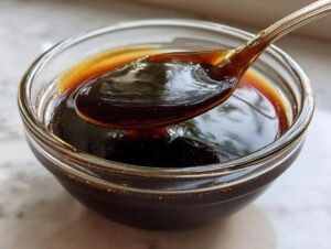 Close-up of thick, glossy homemade teriyaki sauce being lifted out of a small glass bowl with a silver spoon.