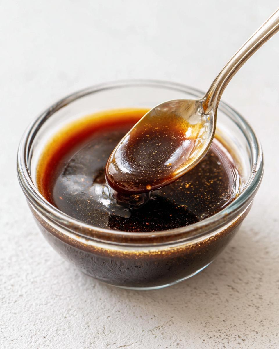 A spoonful of thick, dark teriyaki sauce being lifted from a small glass bowl against a light background.