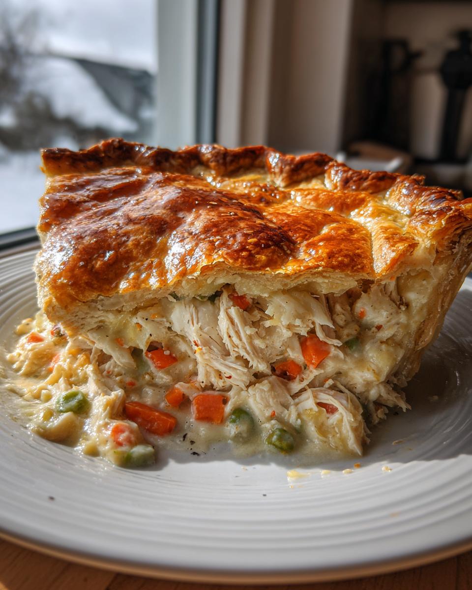 A generous slice of turkey pot pie recipe showing shredded turkey, carrots, and peas in a creamy sauce under a golden, flaky crust.