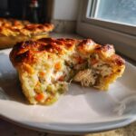 A cross-section of a flaky, golden-brown turkey pot pie recipe slice showing shredded turkey, carrots, and celery in a creamy sauce.
