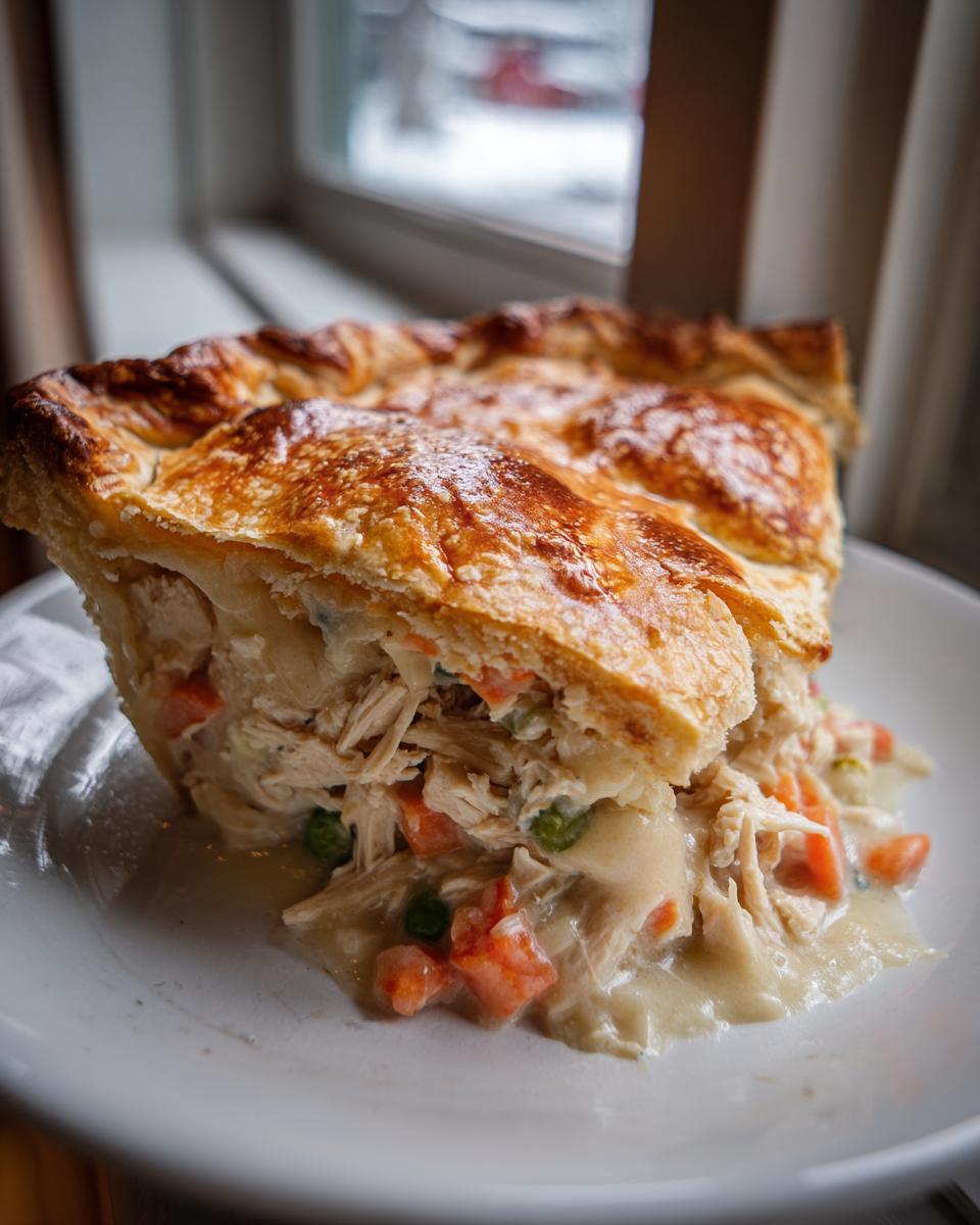 A generous slice of turkey pot pie recipe showing shredded turkey, carrots, and peas in a creamy sauce under a golden, flaky crust.