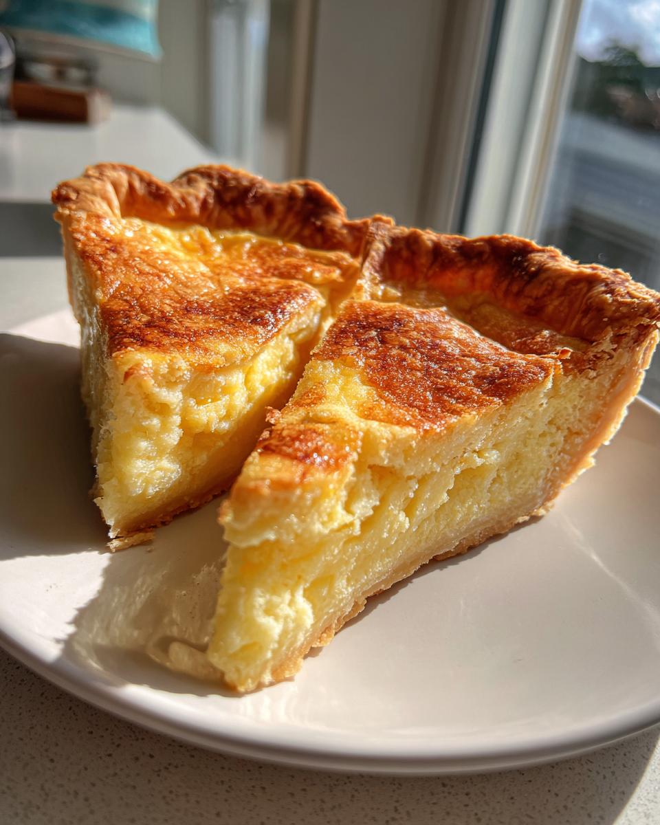 Two golden-brown slices of creamy buttermilk pie resting on a white plate, highlighted by sunlight.