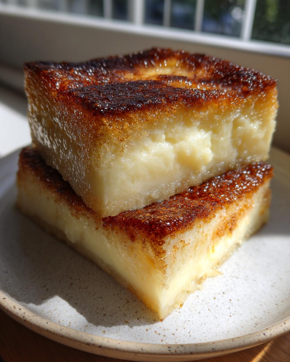 Two stacked squares of creamy cassava cake featuring a golden, caramelized top crust.