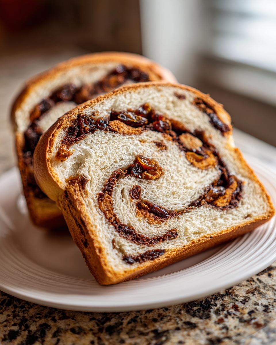 Two thick slices of homemade raisin bread showing a beautiful swirl of cinnamon filling and plump raisins.